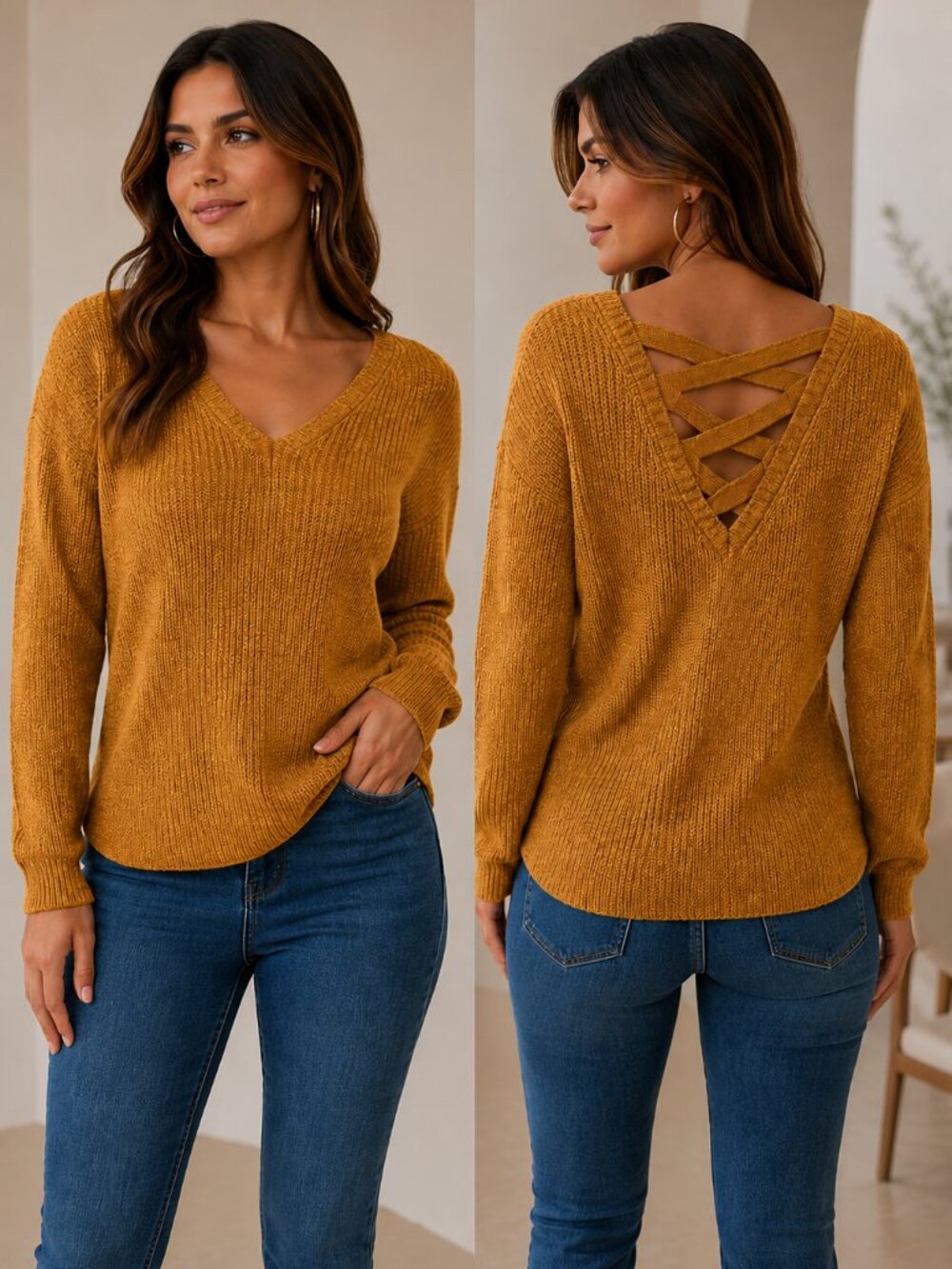 Ambiance Apparel Mustard Lace Up Back Sweater S V-Neck Lightweight Knit Top